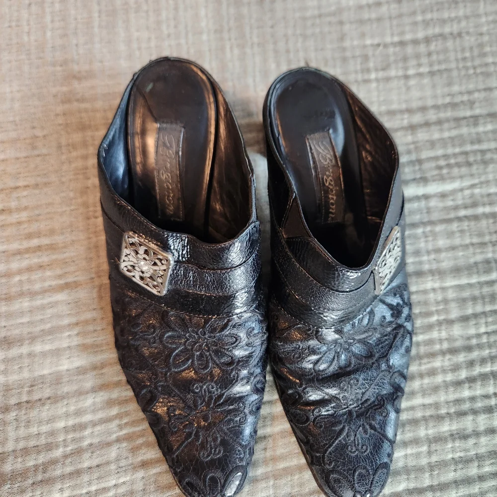 Brighton Black Leather Mules Size 6.5  Heeled Embroidered Buckle Square Toe - Picture 2 of 13